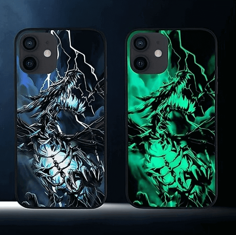 Two phone cases with glowing dragon designs, one in blue and one in green.