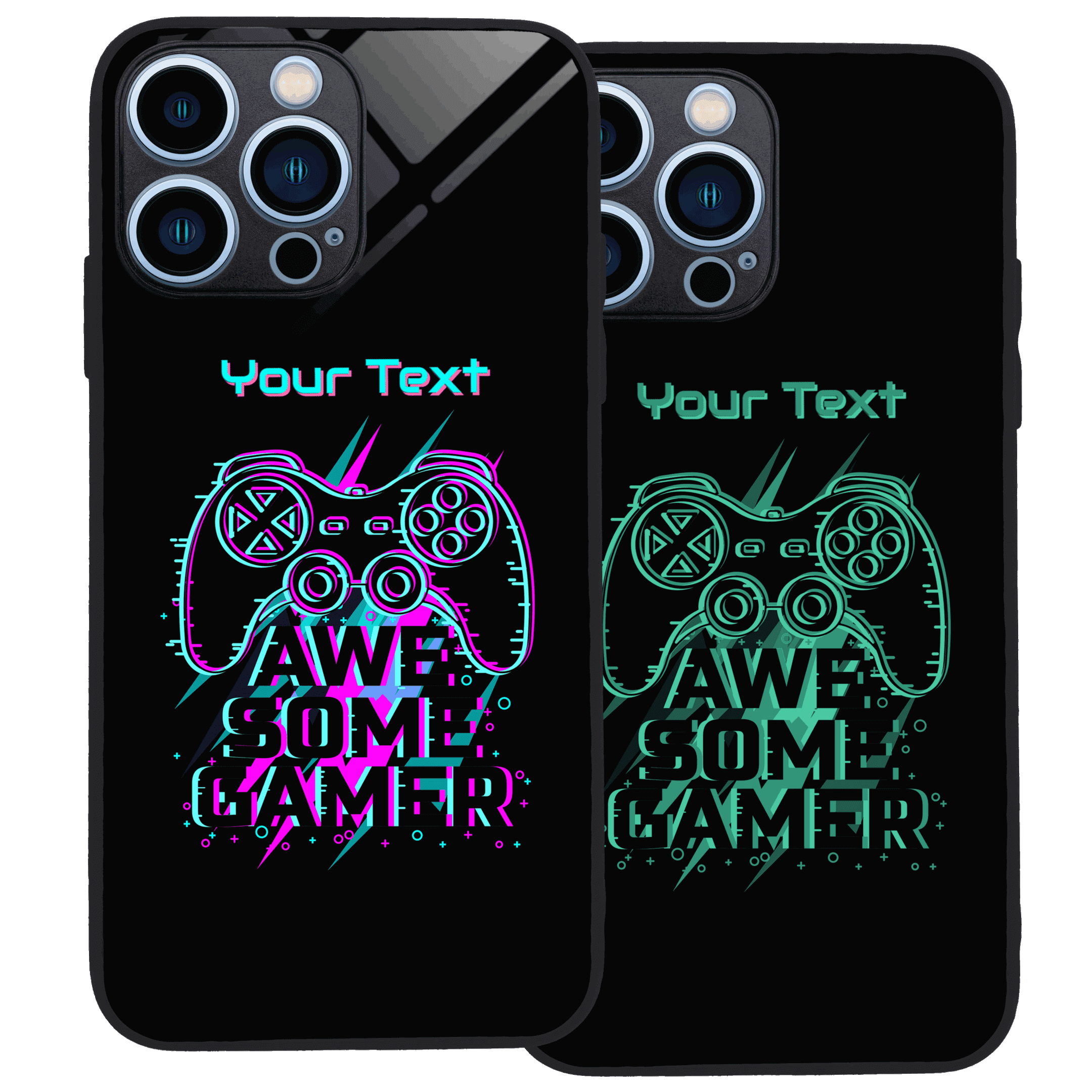 Customizable phone cases with neon gaming controller designs.