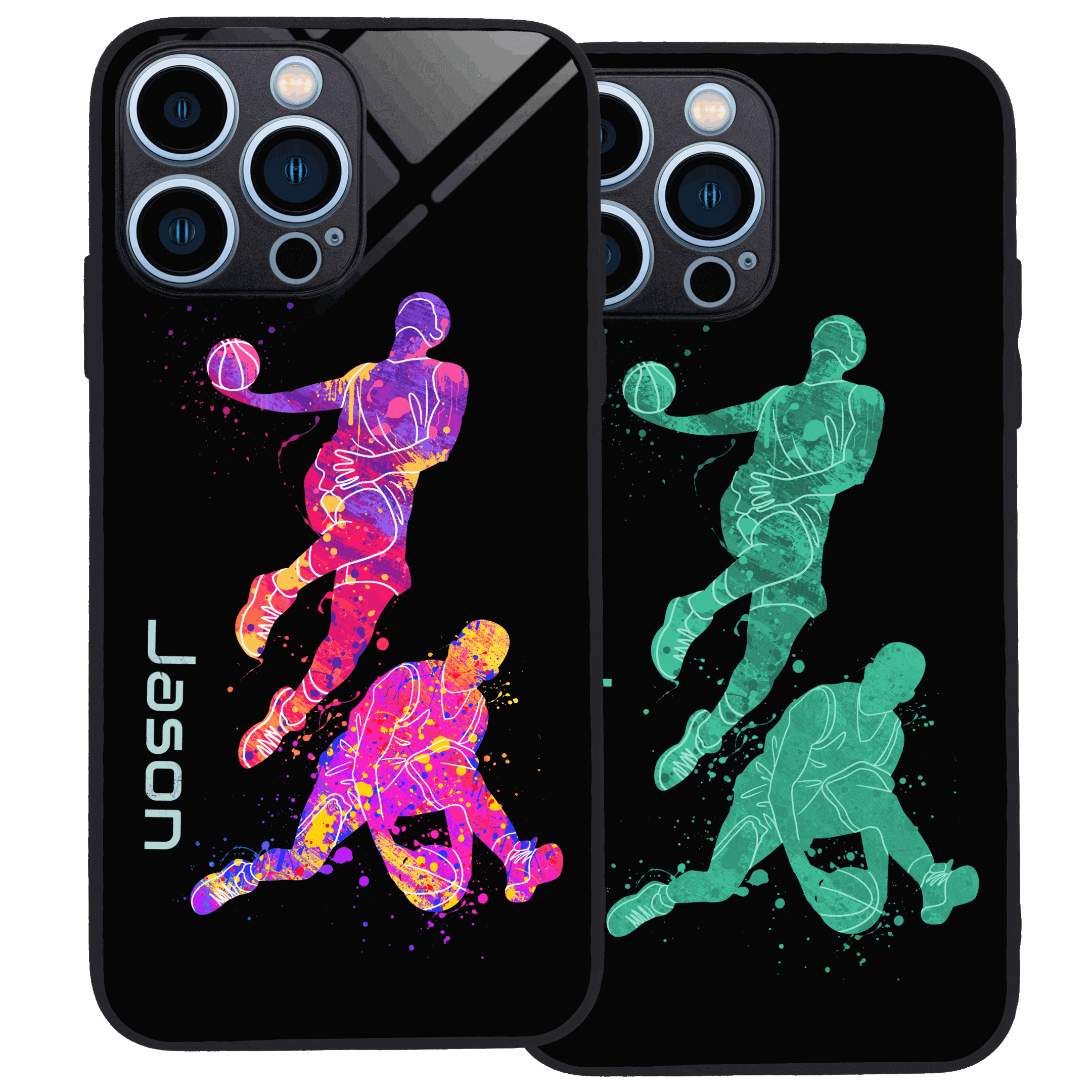 Two phone cases with colorful soccer player silhouettes in action.