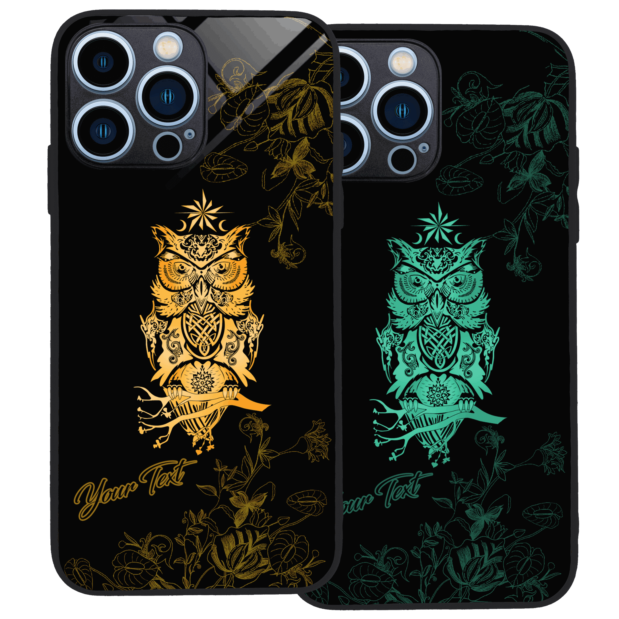 Two phone cases featuring artistic owl designs in gold and teal.