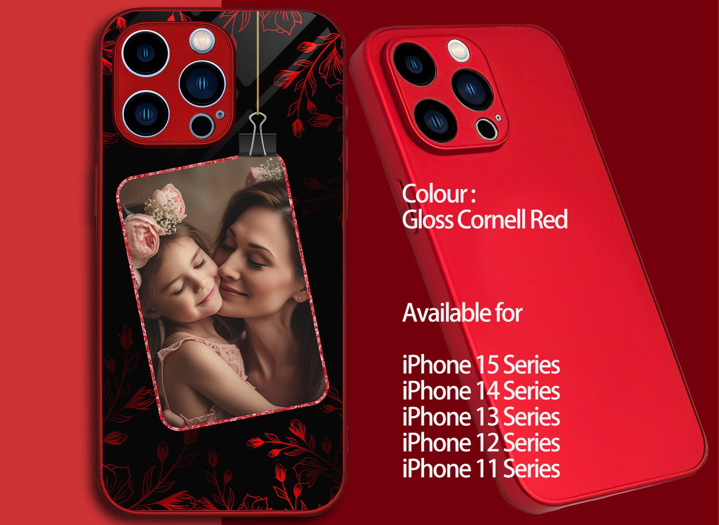 Glossy red iPhone case featuring a romantic mother and child design.