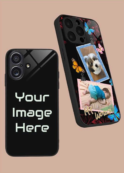 Two phone cases with customizable image slots displayed.