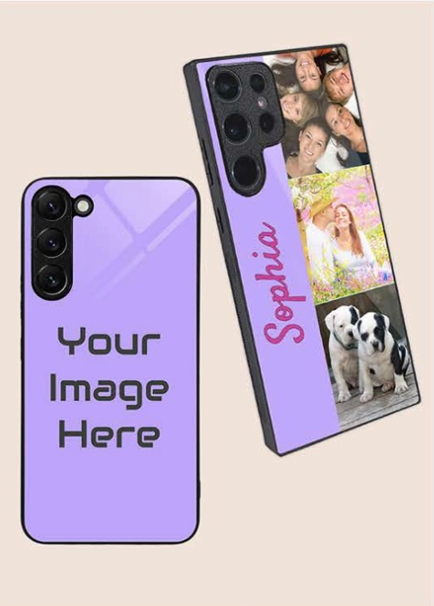Two custom phone cases with personalized photos and names.