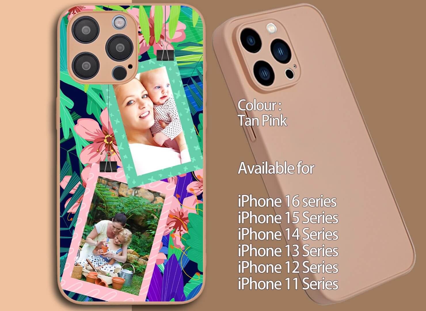 A colorful phone case with photo collage design, compatible with various iPhone models.