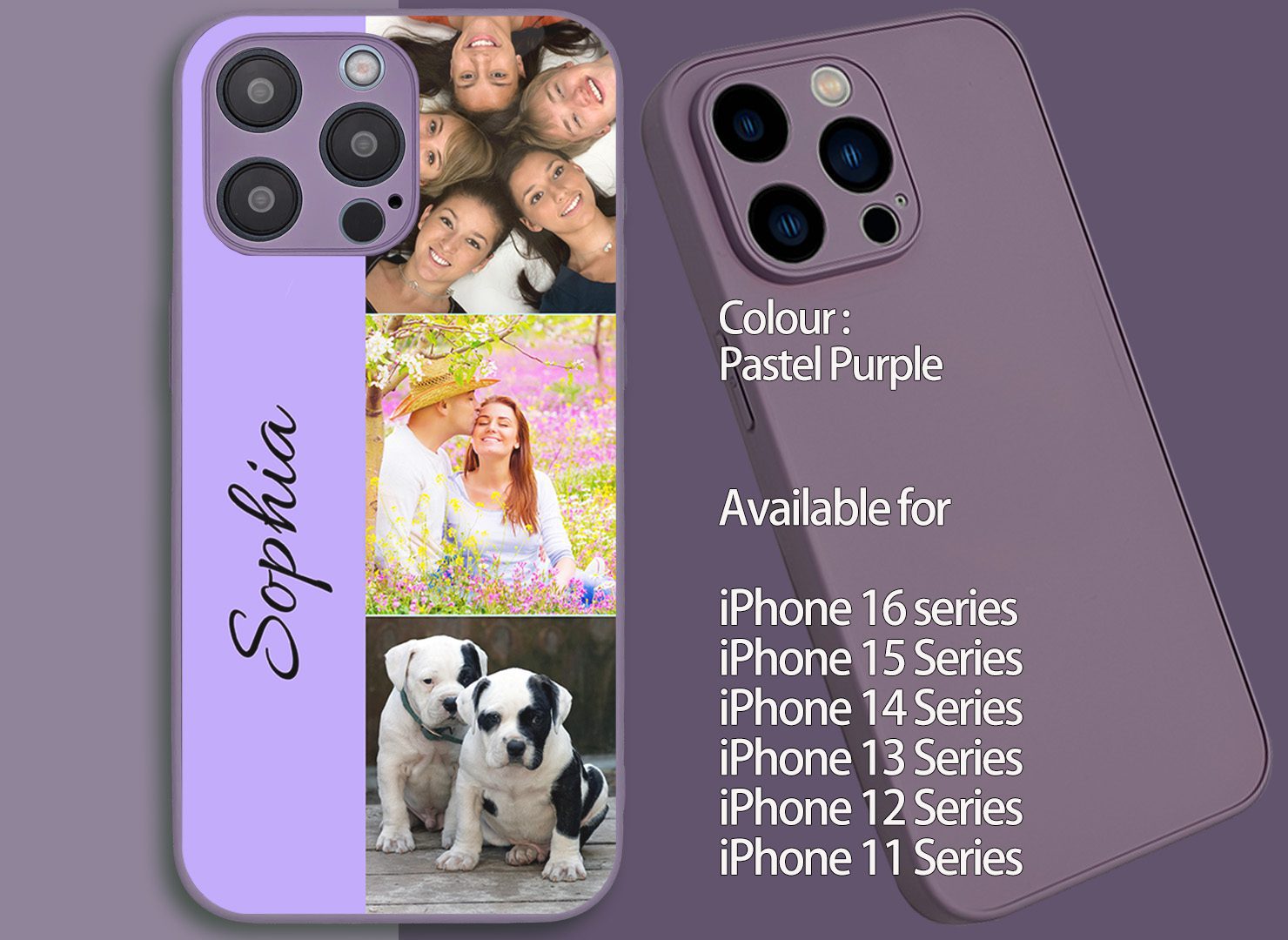 Collage featuring a purple iPhone and personal photos with the name Sophia.