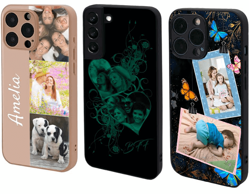 Three custom photo collage phone cases with diverse designs.