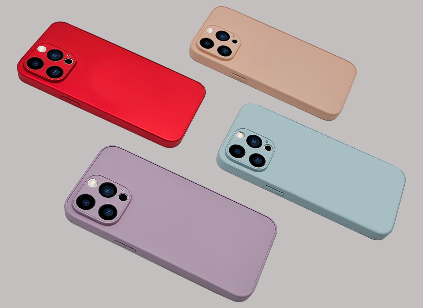 Colorful iPhones with silicone cases displayed.