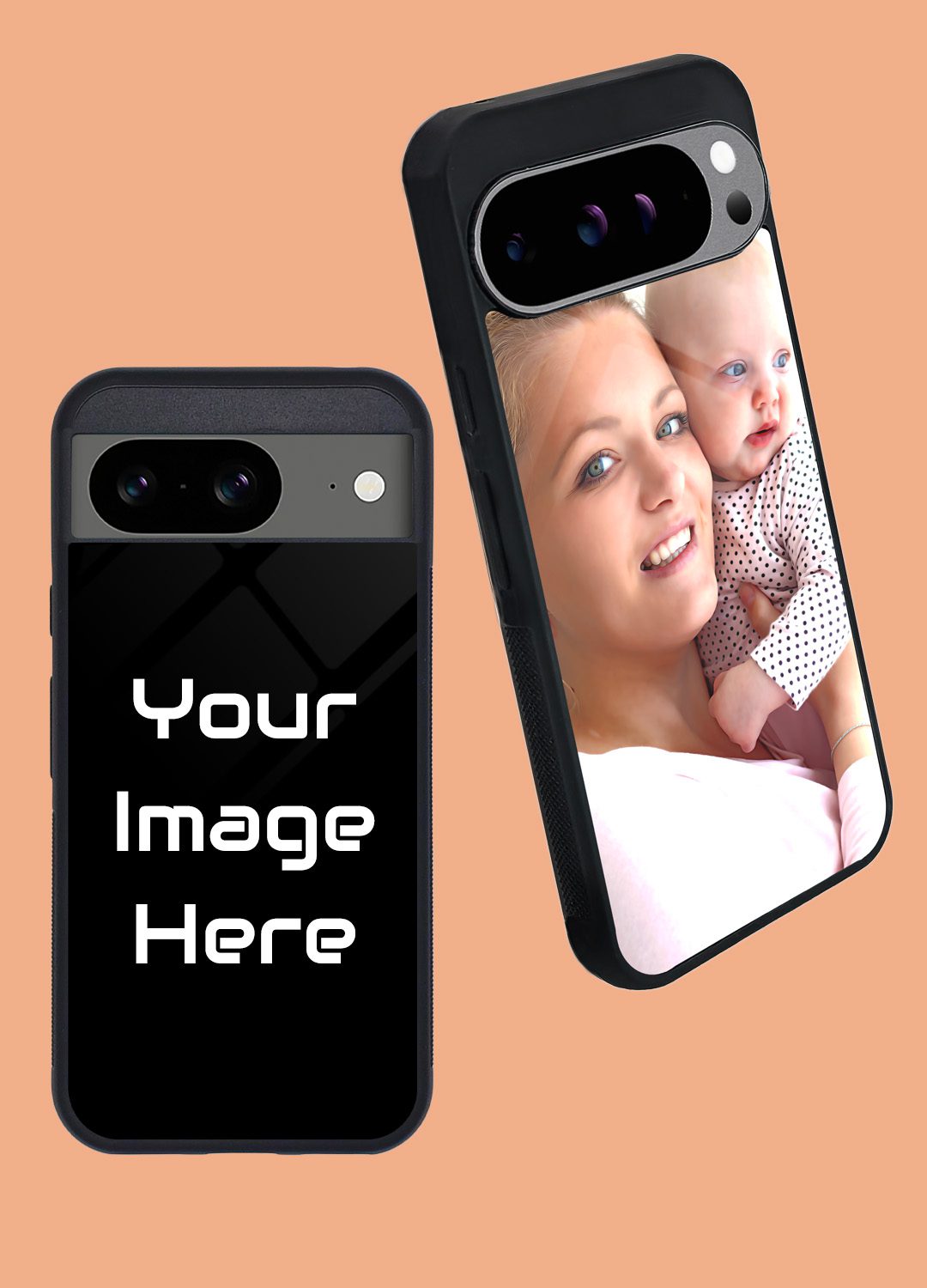 Two smartphones displaying customizable image screens with a placeholder text.