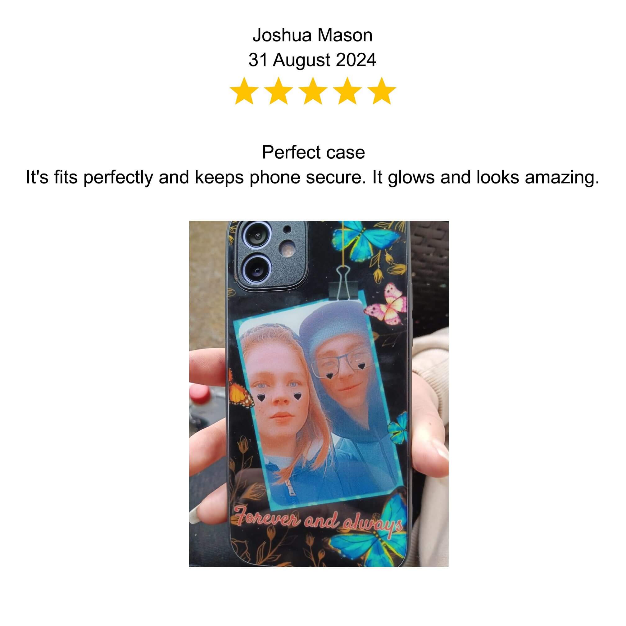 A phone case featuring a clear, detailed image of two people.