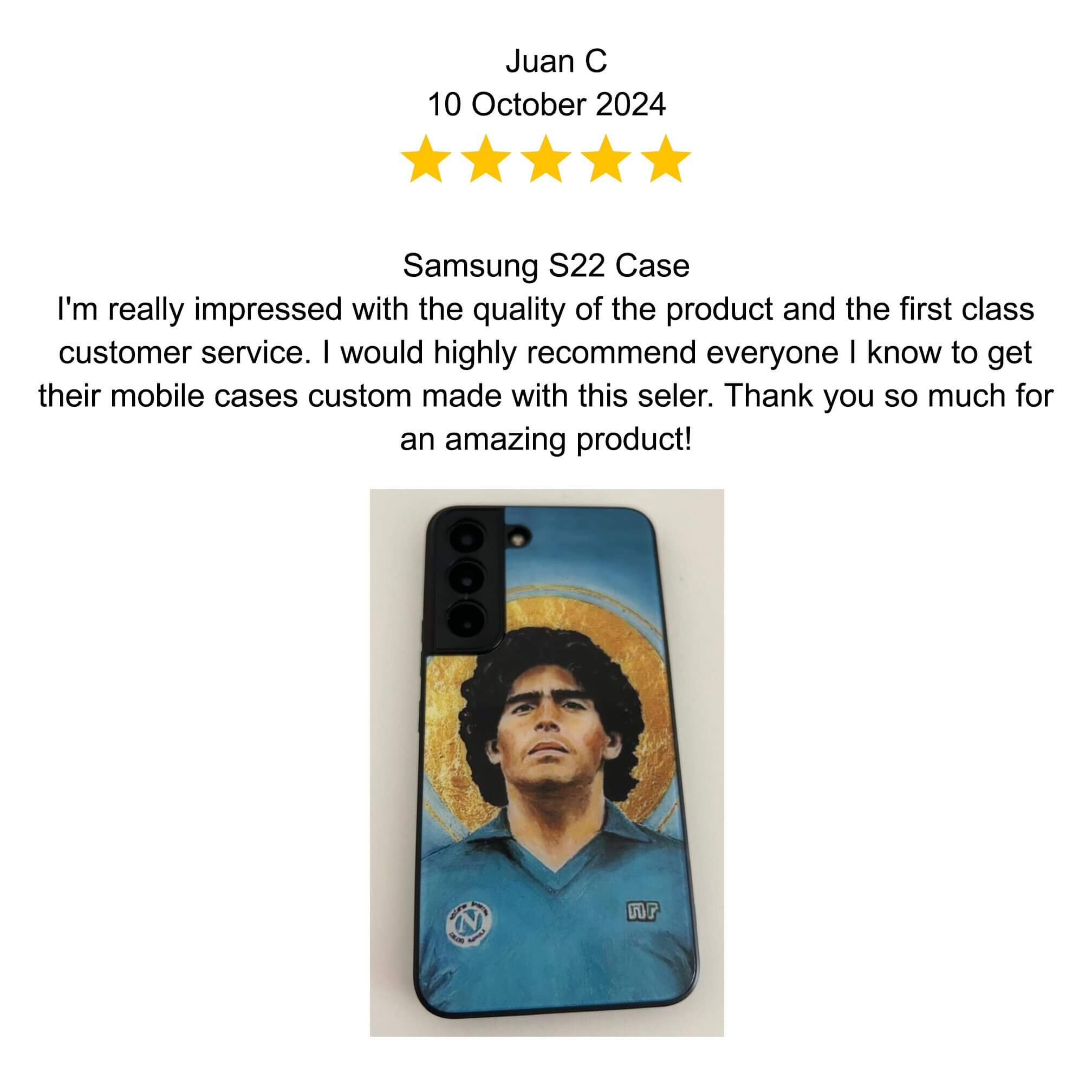 A smartphone with a custom case featuring a photo of a man with curly hair.
