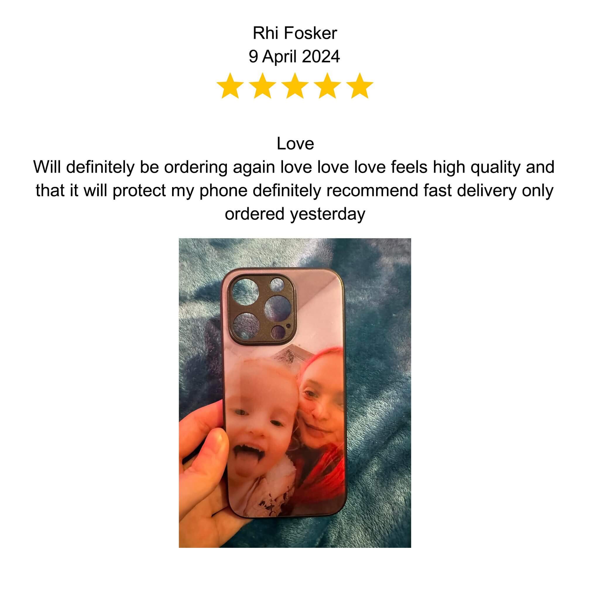 Customer holding baby, praising high-quality delivery service.