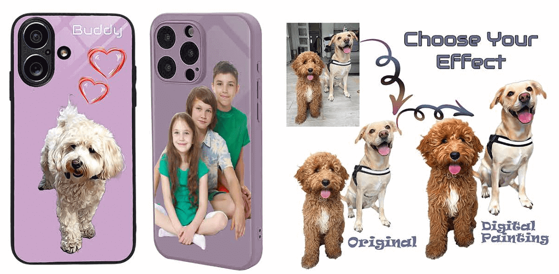 Custom phone case with a family photo and dog portraits.